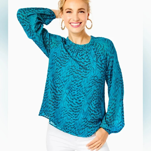 Lilly Pulitzer Caline Silk Top in Teal Bay Size Extra Small XS - Picture 4 of 7